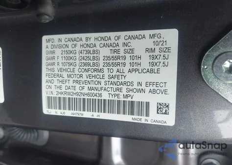 2022 Honda Cr-V Awd Touring z USA, uszkodzony, nr VIN 2HKRW2H92NH600436